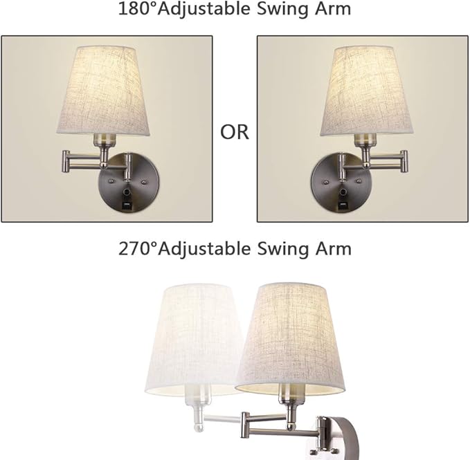 Bedside Wall Mount Light with Dimmable Switch and USB Port, Swing Arm Fabric Shade Wall Sconce Light with Plug in Cord, Wall Lamp Perfect for Bedroom, Living Room and Hotel