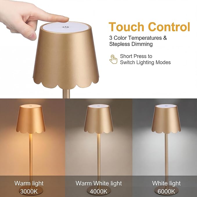 Pickmesh 1 Pack Scalloped Edge Shade LED Cordless Table Lamp 3 Color Dimmable Rechargeable Modern Lamps for Living Room Dining Bedside Desk, 4000mAh Battery Operated(Glod)