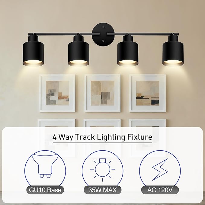 4-Light Led Track Lighting,Black Ceiling Lighting Fixtures,Wall Sconces Ceiling Spotlight with Foldable Light Arms for Kitchen, Closet, Bedroom,GU10 Socket, Bulbs Not Included
