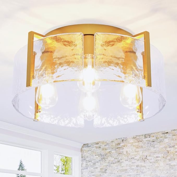 Modern 4-Light Gold Semi Flush Mount Ceiling Light, with Hammered Glass Shade, Round Hallway Lighting Fixtures for Kitchen Entryway,Bedroom,Dining Room,Living Room