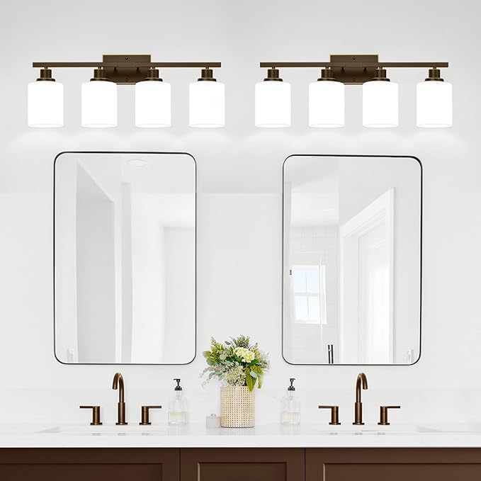 MOKATNG 4-Light Bathroom Light Fixtures, Vanity Light with Milky White Shades, Oil-Rubbed Bronze Bathroom Light Fixtures Over Mirror, Modern Bathroom Wall Lamp for Mirror Living Room Cabinet Bedroom