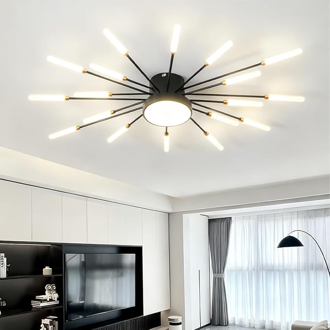 18+1 Lights LED Ceiling Light Fixture Modern Flower Ceiling Lights Flush Mount Firework Chandeliers Black Indoor Lighting for Living Room Bedroom 4000K 30W Deco Close to Ceiling Light