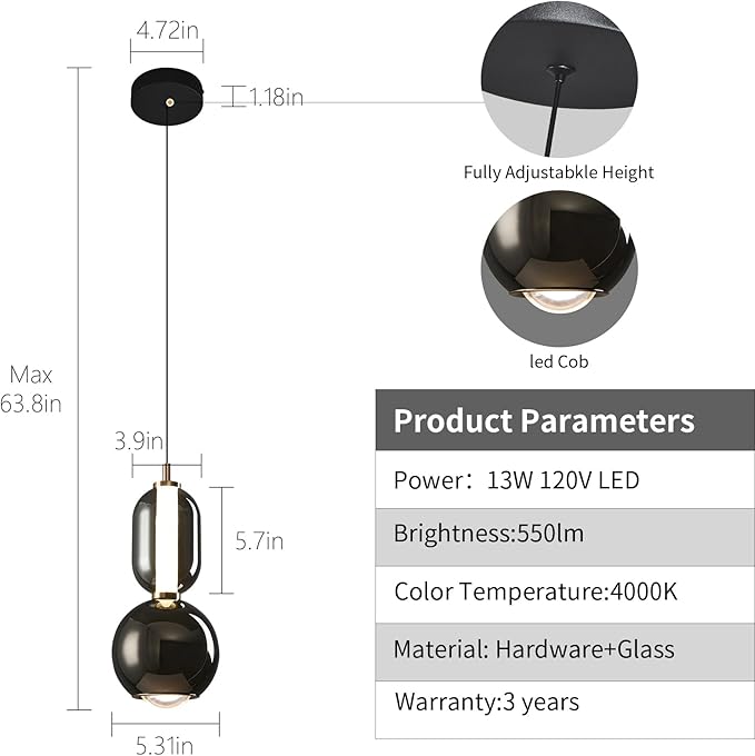 Modern Glass Pendant Light, Black Pendant Lighting LED Dimmable, Adjustable Pendant Lights Kitchen Island Dinning Room,Bedroom,Bar, Kitchen Island Ceiling Hanging Light Fixtures(1-Pack)
