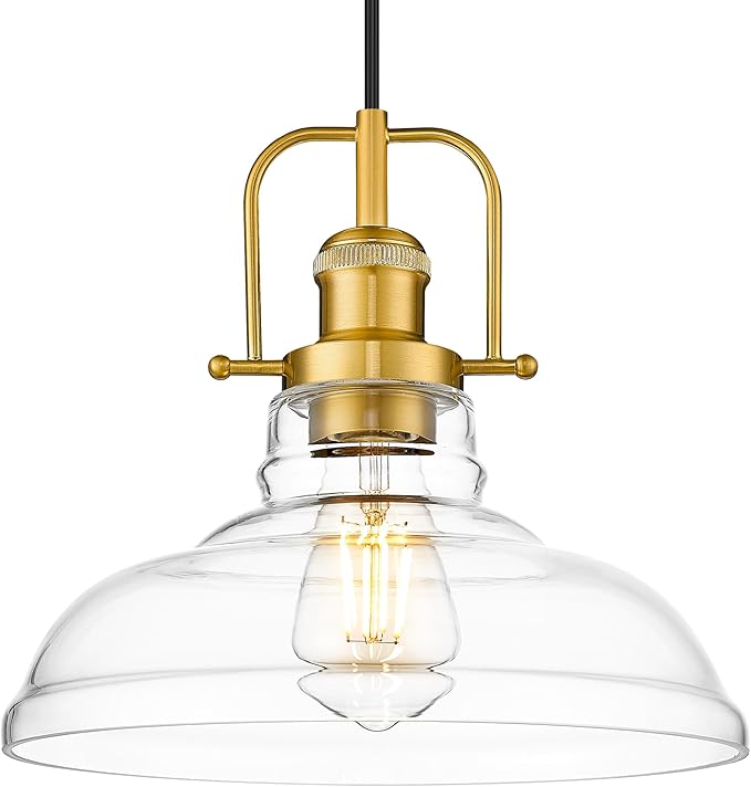 FEMILA 11" Gold Pendant Light Fixture, Vintage Pendant Lighting with Clear Glass Shade for Kitchen Island, Adjustable Hanging Light, Brushed Gold Pendant Lights, 4FY09-MP BG