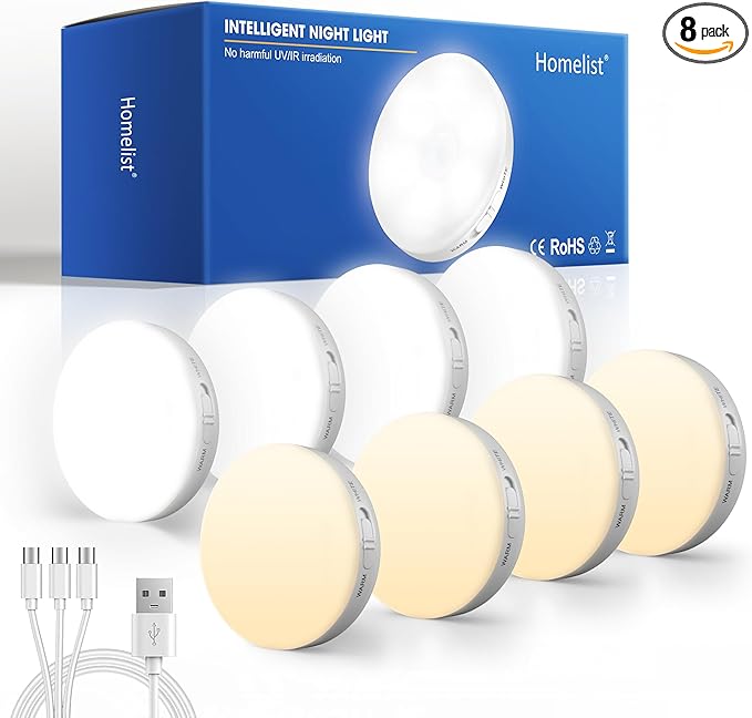 Homelist 8 Pack Motion Sensor Lights Indoor, Rechargeable Wireless LED Puck Lights, Battery Operated Motion Sensor Night Light for Closet, Stairs, Kitchen, Cabinet, Toilet