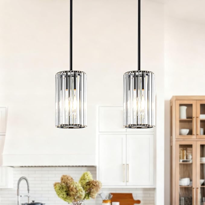 Modern Crystal Pendant Lights, Hanging Light Fixtures Mini Kitchen Island Pendant Lights Adjustable Crystal Chandelier Fixture for Island Dining Room Hallway Bedroom, Black 2-Pack