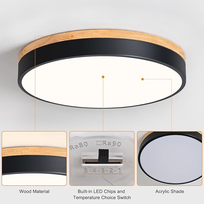 Yiisem Dimmable Wood LED Flush Mount Ceiling Light, 5CCT 2700K-6000K Modern Black Close to Ceiling Lighting Fixtures, Minimalist Round Ceiling Lamp for Living Room, Bedroom, Laundry Room