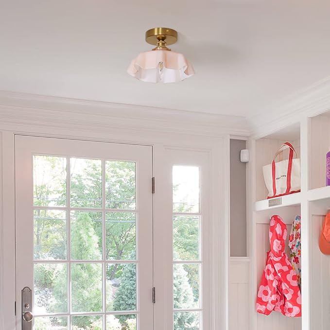 9.4in Vintage Pink Flush Mount Ceiling Light Fixture - Brass Semi Flush Mount Lighting with Flower Glass Shade for Closet, Small Rooms - Compact Indoor Light for Hallway Entryway Porch, Bulb Not