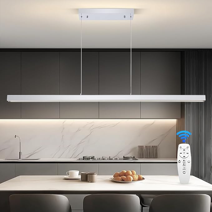 Modern LED Island Lights, 3300k-6500K Dimmable Pool Table Light with Remote, Modern Pendant Lights for Kitchen, 56.29" LED Linear Pendant Light Fixtures Dining Room Living Room Billiard Room Chrome