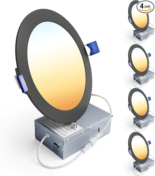 Ensenior 4 Pack 6 Inch LED Recessed Light, Dimmable, 2700K-5000K 5CCT, 1200LM High Brightness, 12W 120V, Damp Rated, Ultra-Thin Canless Wafer Light, Black - ETL & FCC & IC