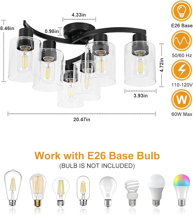 WILON 20'' 6-Light Large Black Semi Flush Mount Ceiling Light Fixture with Clear Glass Shades, Modern Farmhouse Chandelier for Dining Room Living Kitchen