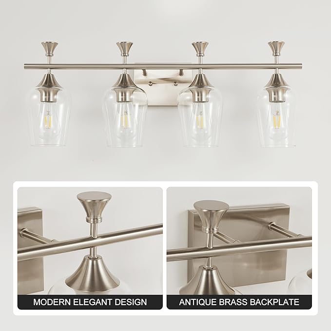 Bathroom Light Fixtures (4-Light, 29 Inch), Brushed Nickel Vanity Lights for Bathroom with Clear Wine Glass Glass Shade, Modern Vanity Wall Lights for Mirror Bedroom Living Room Kitchen Hallway Porch
