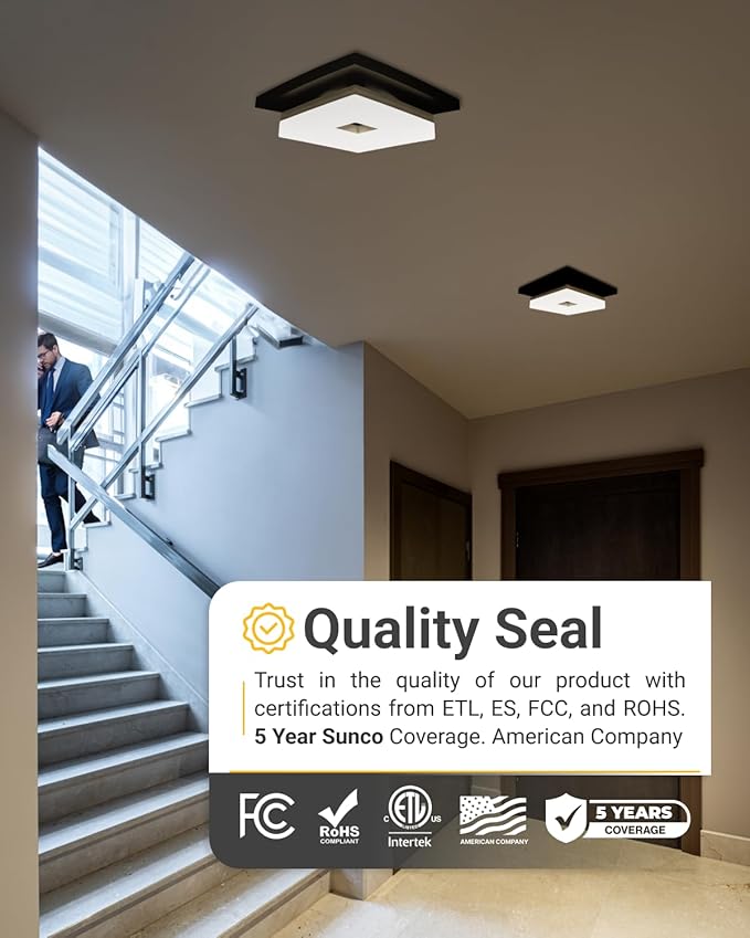 Sunco 8 Inch Square LED Flush Mount Black Ceiling Light Fixture 3000K/4000K/4500K/5000K/6500K Selectable CCT Switch, 1800LM High Brightness Damp Rated 2 Pack.