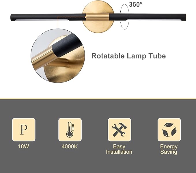 Modern Bathroom Light Fixtures Over Mirror 23.6 Inch, 18W 360° Rotatable Dimmable 4000K Led Vanity Light Bar, Black and Gold Bathroom Vanity Lights Above Mirror