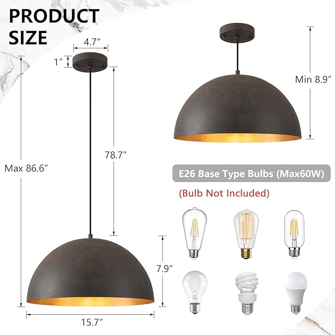 Farmhouse Pendant Light,15.7" Black with Brown Grain Industrial Dome Light Fixture,Adjustable Vintage Chandelier for Kitchen Island,Dining Room,and Bedroom