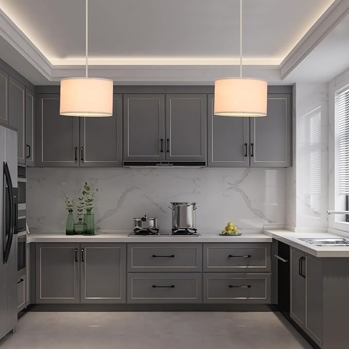 2 Pack Plug in Pendant Light, Hanging Light with 15Ft Clear Cord, On/Off Switch, White Fabric Lamp Shade, Hanging Light Fixture for Bedroom, Kitchen,