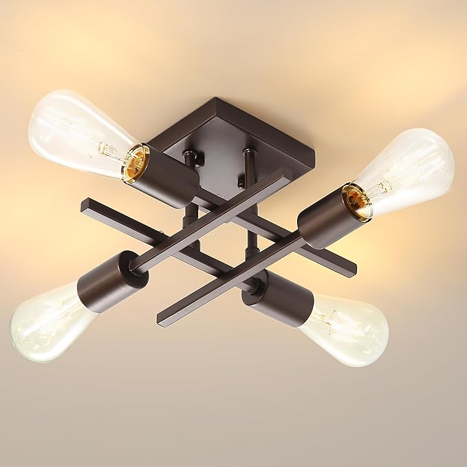 Industrial 4-Light Semi Flush Mount Ceiling Light Fixture, Modern Oil Rubbed Bronze Chandelier Lighting, Farmhouse Sputnik Ceiling Lamp with E26 Bulb Base for Living Room Hallway, 2 Pack