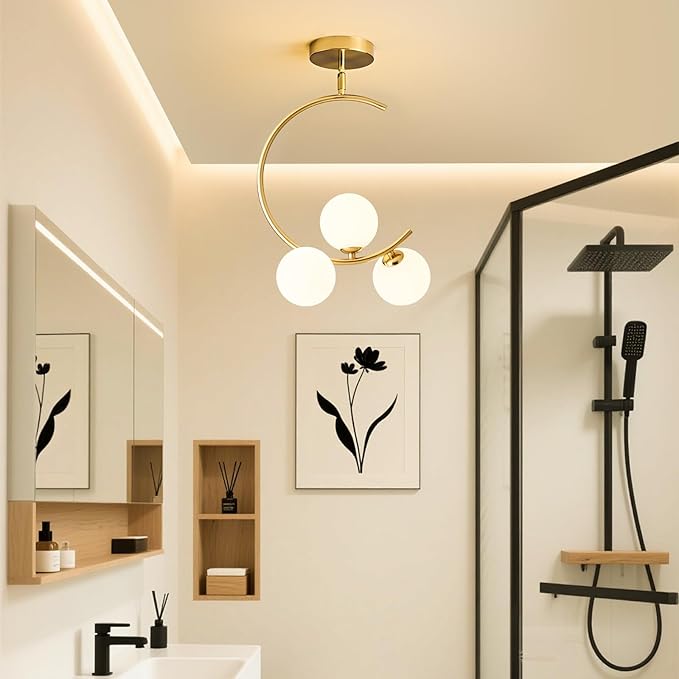 Hallway Light Fixtures, 3-Light Gold Semi Flush Mount Ceiling Light Fixture 3 Globe Glass lampshades, for Kitchen, Dining Table, Bedroom, Hallway, Entryway and Balcony