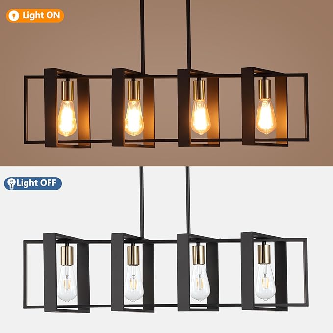 35.4" Kitchen Island Lighting Fixture, Dining Room 4 Lights Chandeliers, Black Wood+Metal Pendant Light for Foyer Hallway Living Room