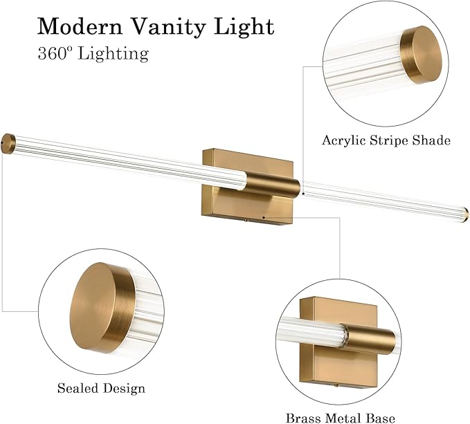 Modern LED Vanity Light, 360° Full Lighting Bathroom Light Fixture Over Mirror, 32W 5500K Cool White, Hardwired Wall Sconce, 40 Inch, Brass