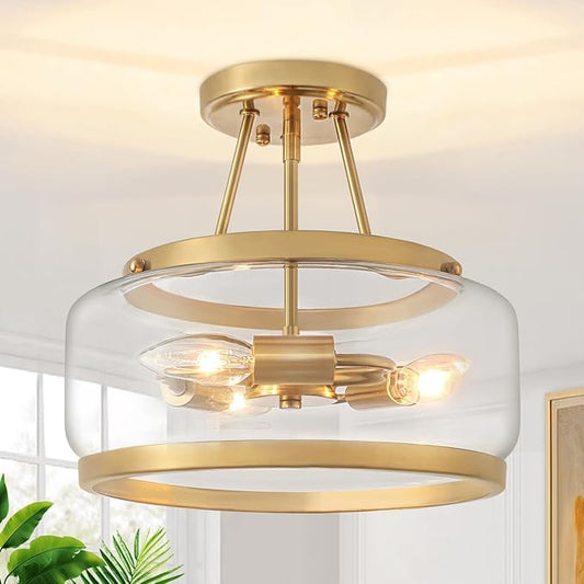 11.81" Brushed Gold Semi Flush Mount Ceiling Light, Modern Glass Drum Light Fixtures, 3-Light Golden Ceiling Lights for Hallway Entryway Bedroom Laundry Room Kitchen Dining Room Bathroom Lighting