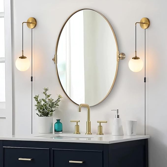 KUZZULL Wall Sconces Set of Two Plug in Wall Sconces Brushed Brass Gold Wall Lamp with Cord Wall Sconce Plug in with Globe White Glass Shade Sconces Set of 2 Wall Light Sconce