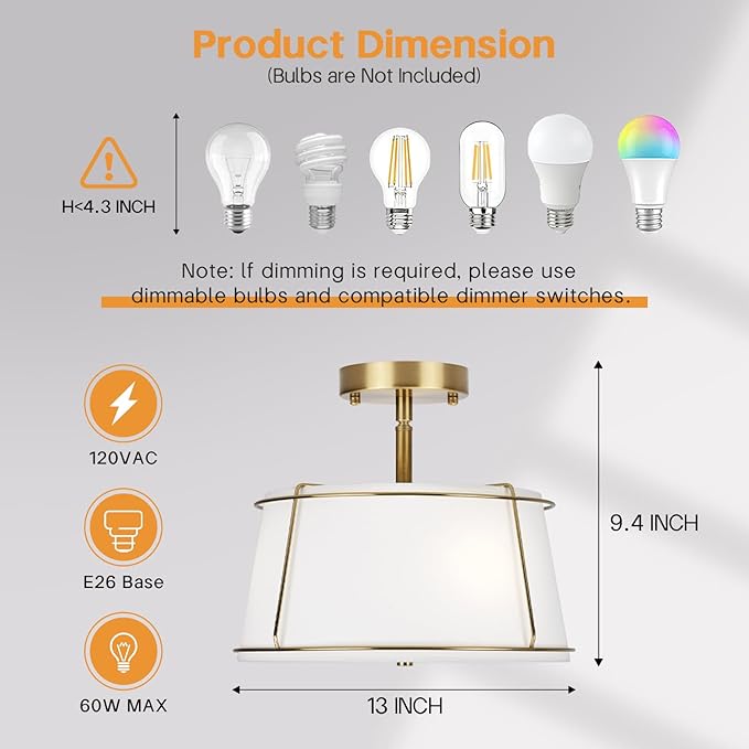 13'' Semi Flush Mount Ceiling Light Fixture, 3-Light Gold Light Fixtures Ceiling Mount with White Drum Fabric Shade,Modern Close to Ceiling Light for Bedroom Dining Room Kitchen Hallway (Adjustable)