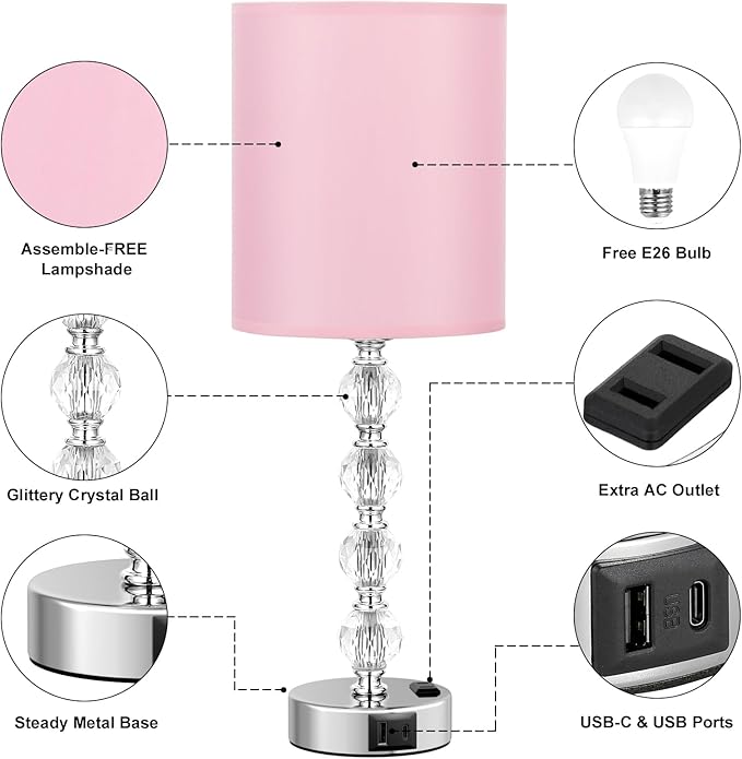 Acaxin Touch Bedside Crystal Lamps for Bedrooms Nightstand with USB C+A Charging Port and AC Outlet White, 3 Way Dimmable Silver Large End Side Table Lamp for Living/Guest/Dinning Room/Kitchen
