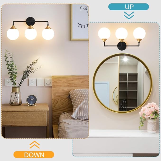 Bathroom Light Fixtures, Black Gold Bathroom Vanity Lights Over Mirror, Modern Farmhouse Wall Sconce Lighting 3-Light with Milk White Glass Ball Shades