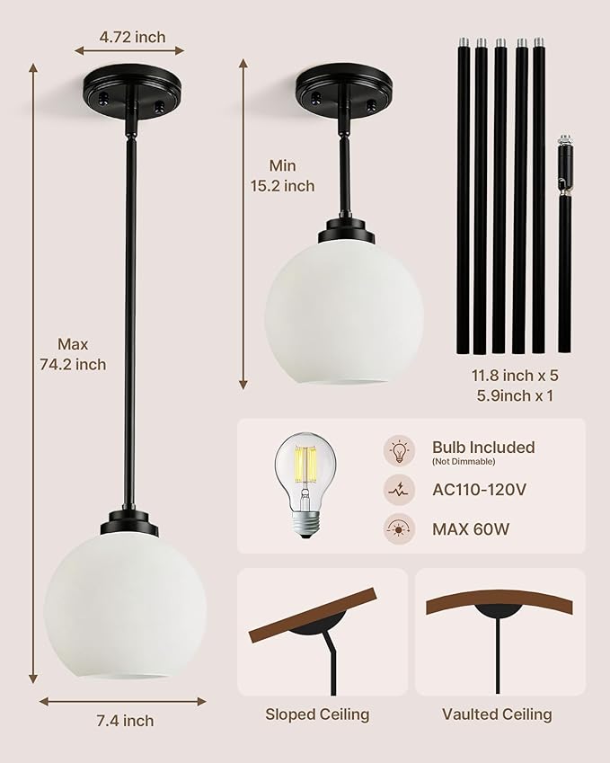 Majade Globe Pendant Lights Kitchen Island Pendant Light Fixtures 7.4 Inch Black Mid Century Modern Globe Pendant Lighting with Milk Glass Adjustable Hanging Light Fixtures for Dining Room(2 Pack)