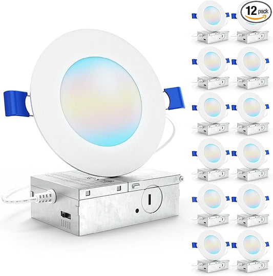 Sunco 12 Pack 4 Inch LED Recessed Lights, Canless Ceiling Light Slim, 650 LM, 10W, Selectable CCT 2700K/3000K/4000K/5000K/6000K, Dimmable, Wafer Thin, with Junction Box ETL