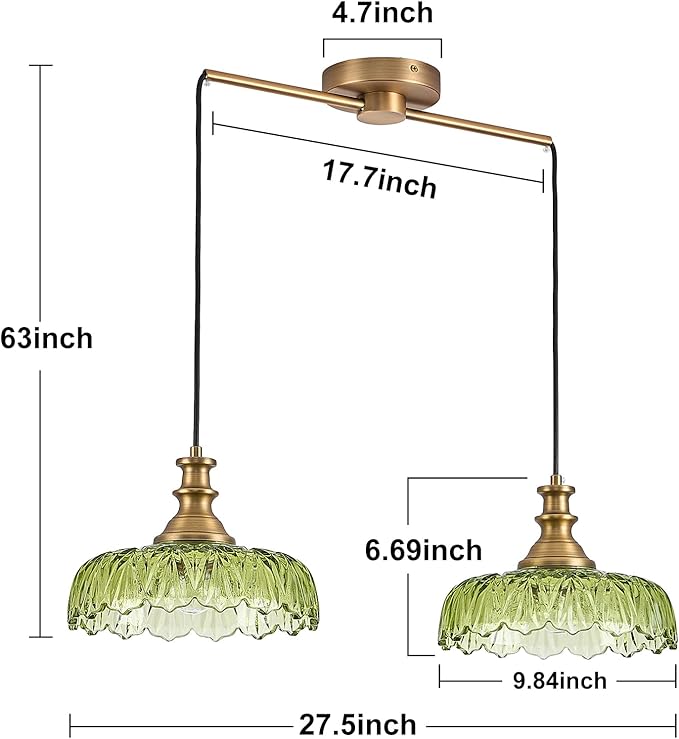 HDDFL Vintage Pendant Lighting Fixtures Modern Glass Hanging Lamp with Adjustable Cord for Kitchen Island Dining Room Hallway 2 Light Brass and Green