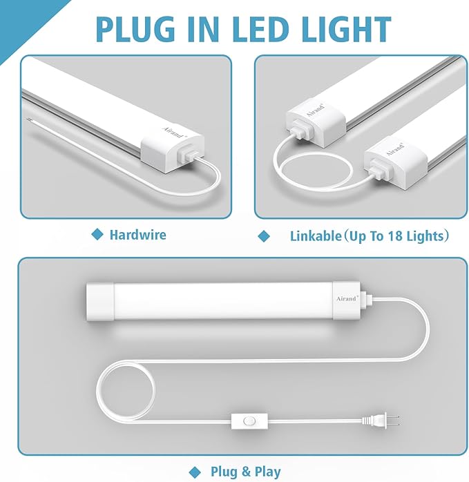 Airand LED Ceiling Light Fixture with Plug 5000k, Triproof LED Tube Light 16W Linkable Closet Lights for Workbench Kitchen Basement Garage Corridor Bathroom Office Overhead Lighting with Plug in Cord