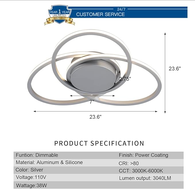 MADEM Modern Flush Mount Ceiling Light - 23.6'' Dimmable LED Chandelier for Bedroom, Living Room, Dining Room,3040LM 38W, Silver
