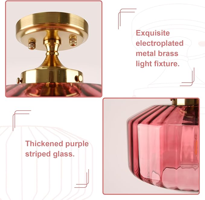 Gold Mid Century Modern Flush Mount Ceiling Light, 2-Pack Purple Ribbed Glass Close to Ceiling Lighting Fixture, Vintage Farmhouse Flush Mount Lamp for Bedroom Hallway Kitchen Laundry Room