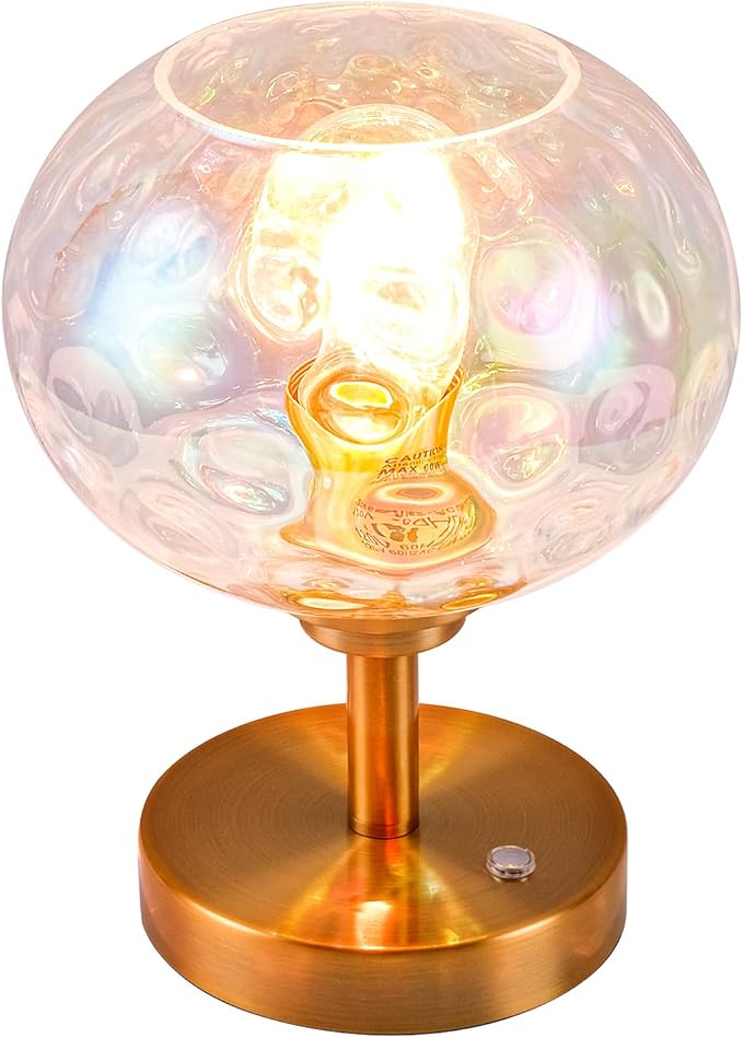 Touch Control Hammered Glass Table Lamp Brass Gold Portable Dimmable Brightness Small Nightstand Light 3-Way Stepless Dimming Bedside Bedroom Living Room (Stained Glass & Gold)