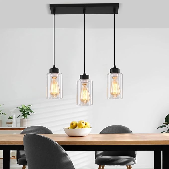 Black Chandelier,Farmhouse Light Fixtures Over Table, Dining Room Light Fixture Kitchen Island Lighting Chandeliers,Modern Pendant Light with Clear Glass Shade,Industrial Hanging Lighting