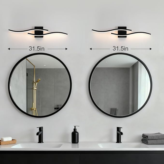 Black Curved Bathroom Vanity Light Fixture Over Mirror, 31.5 inch Modern LED Wall Lamp 5CCT Dimmable Bathroom Light Fixture Modern Vanity Lighting Wall Sconces