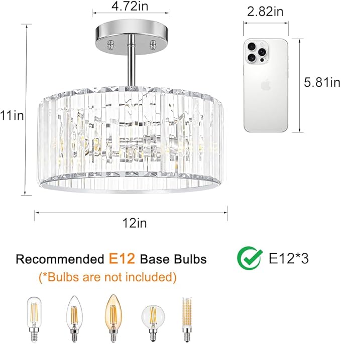 Modern Crystal Ceiling Light, Chrome Semi Flush Mount Ceiling Lighting Fixture, Hallway Light Fixtures Chandelier for Kitchen, Bedroom Dining Room Hallway Closet, 3-Light, 12 Inch