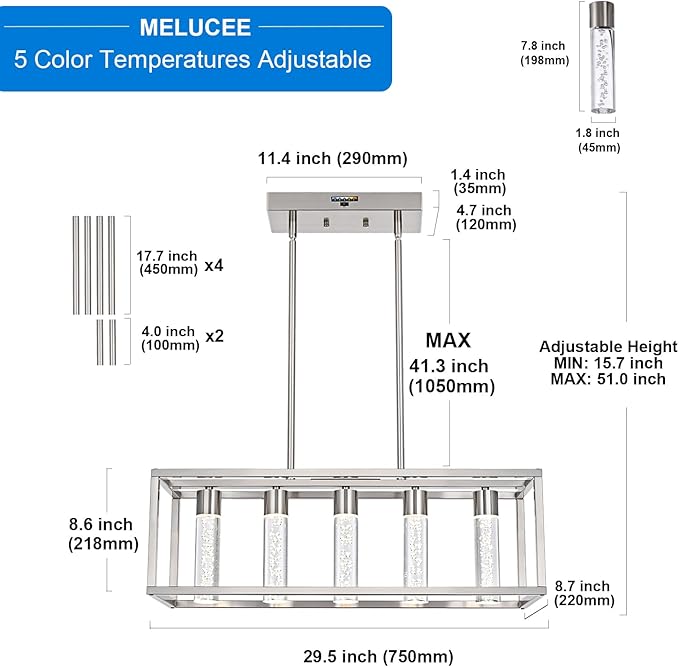MELUCEE 5 Lights Chandeliers for Dining Room with Crystal Bubble, 25W 5 Color Dining Room Light Fixture Brushed Nickel, LED Island Lights for Kitchen Island Billiard Room, 3000-6000K Adjustable