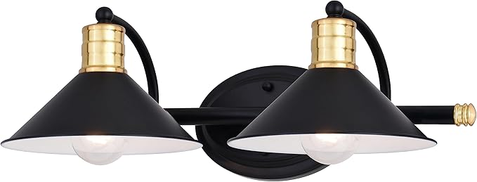 VAXCEL Akron 2-Light 18 inch Wide Matte Black and Natural Brass Industrial Bathroom Vanity Lighting Fixture, Metal Shade, Dimmable, LED Compatible, Over The Mirror Mounted Steel Wall Sconce