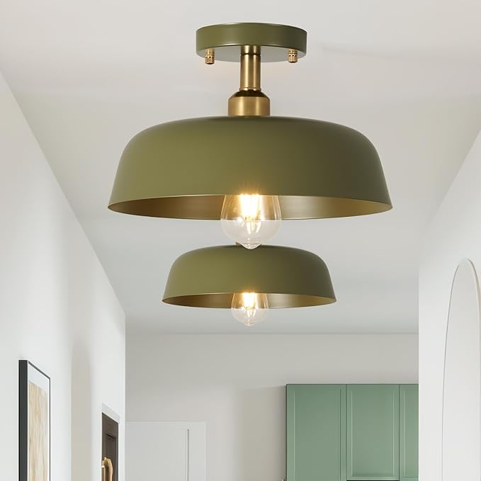 Modern Semi Flush Mount Ceiling Light, 2-Packs Matte Green Hallway Ceiling Light Fixtures,Mid Century Ceiling Lamp for Kitchen Hallway Entryway Bedroom Laundry Room(2 Packs)
