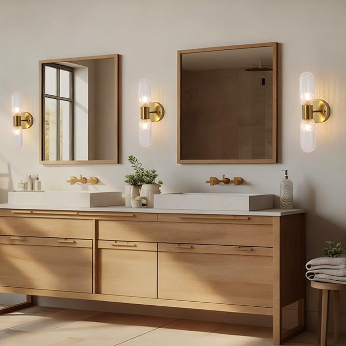 Modern Gold Wall Sconces, 2-Light Hardwired Brass Vanity Light Fixture with Glass Shade, Wall Lighting for Living Room Bedroom Bathroom Hallway, 2 G9 LED Bulbs Included