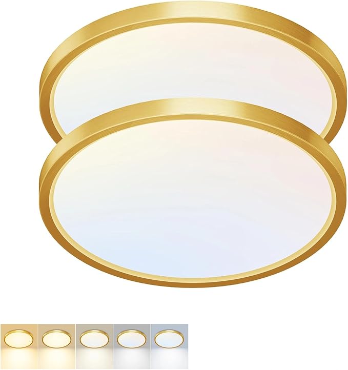 2 Pack LED Flush Mount Ceiling Light,7Inch 15W,3000K/3500K/4000K/5000K/6500K 5 Color Temperatures Ceiling Light Fixture for Kitchen Porch Hallway Bedroom Bathroom and Closet,Brushed Gold
