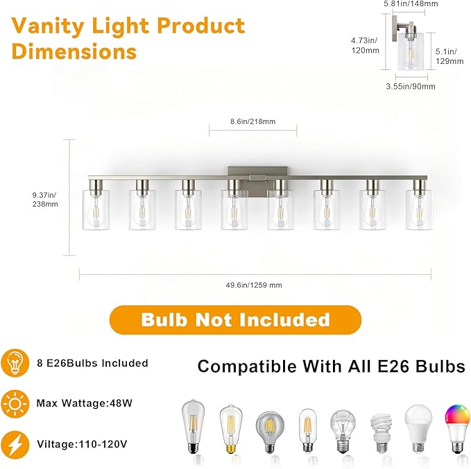 8 Light Bathroom Vanity Light,Modern Large Brushed Nickel Bathroom Light Fixtures Clear Glass Shade Rust and Moisture Prevention and Easy to Install Vanity Lights for Bathroom Lights Over Mirror