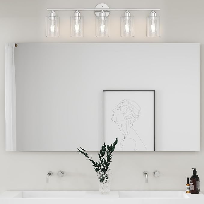 Espird Bathroom Vanity Light Fixtures Brushed Nickel Bathroom Lighting Fixture, 5 Lights Bathroom Light Fixture Over Mirror, Modern Black Vanity Light, Wall Sconces with Glass Shades