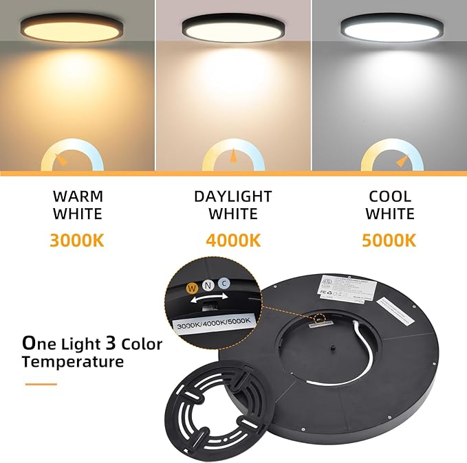 Hlite 4pack 12 inch Flush Mount LED Ceiling Light Fixture,24W 2400LM Super Slim Light Fixtures Ceiling Mount 3000K/4000K/5000K 3CCT Selectable,Light Fixtures for Kitchen,Bedroom (Black)