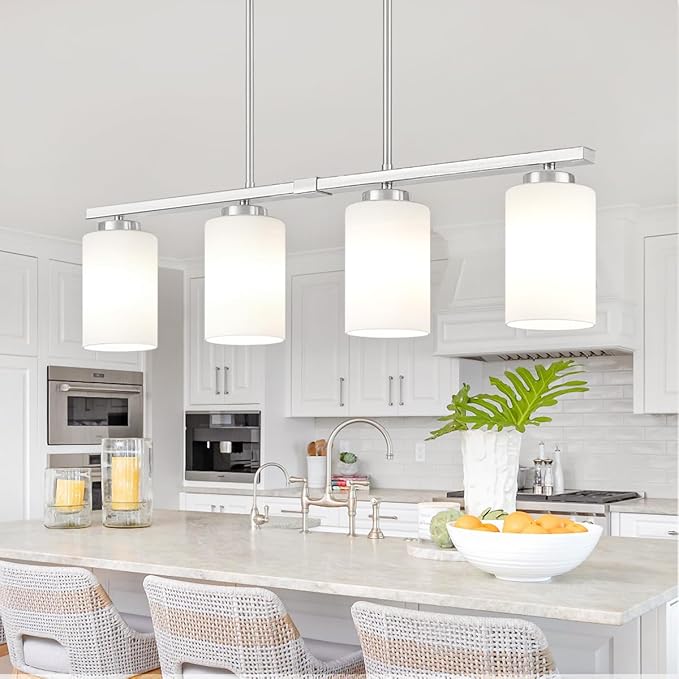 Brushed Nickel Island Lights for Kitchen, 4-Light Dining Room Light Fixtures Modern Linear Chandeliers Over Table White Frosted Glass Adjustable Hanging Lights Kitchen Pendant Lighting Over Island