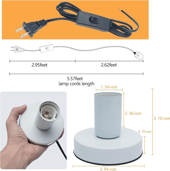 Industrial Table Lamp, Small Polished Metal Desktop Light Socket Base, Vintage E26/E27 Edison Screw Light Bulb Holder, 5.57ft Cord on/Off Switch with US Plug (White Color)