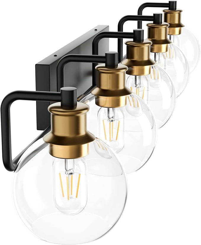 Tipace Vintage Vanity Light Fixture,5-Light Industrial Black & Gold Bathroom Lighting with Globe Clear Glass Shades Farmhouse Bath Lighting (Exclude Bulb)
